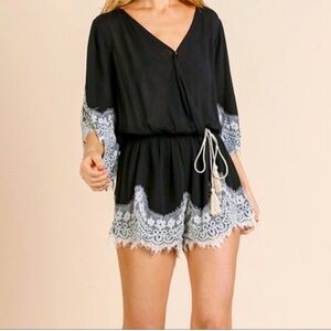 Umgee Black Lace Trim Romper Size M Boho Beach Cover Up Tassel Tie